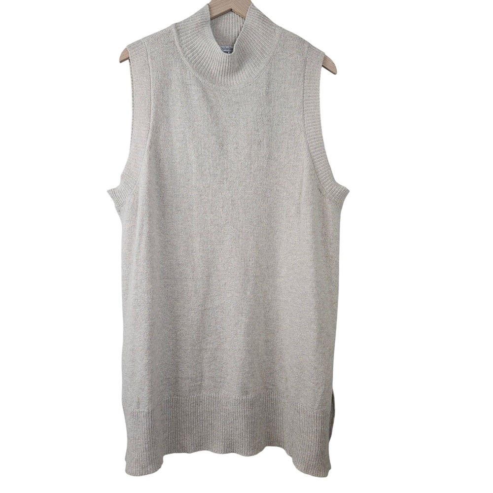Ophelia Roe Tunic Length Sweater Vest Sz 2X Beige Ivory Mock Neck Side Split